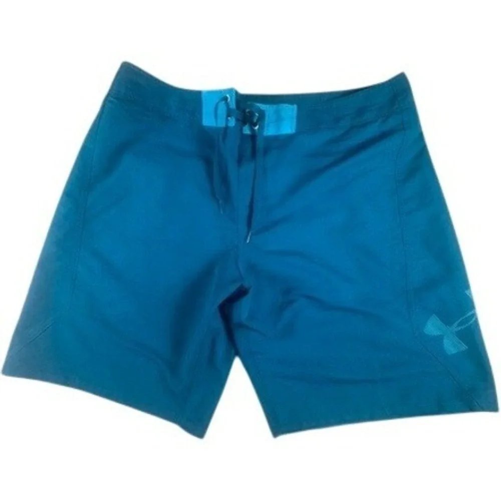 Under Armour Board Shorts Mens 40 HeatGear‎ Teal Blue Swim Trunks Loose Fit Logo